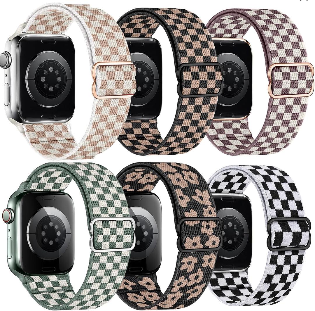MITEV 6 Pack Stretchy Solo Loop Compatible with Apple Watch Band 38mm 40mm 41mm 42mm 44mm 46mm 45mm 49mm Women,Soft Nylon Elastic Braided Strap Wristband for iWatch Series 11 10 9 8 7 6 5 4 3 Ultra/SE (Rose/Black Rose/Smoke Purple/Green/Rose Clouds/Black White)