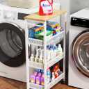 Utility Slim Storage Cart, 4-Tier Narrow Bathroom Organizers and Storage Cart, Narrow Metal Kitchen Laundry Room Organization Shelf with Wood Top, Slim Rolling Carts with Wheels for Small Space (9.1 inch wide, White)