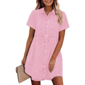 GRAPENT Denim Dress for Women Babydoll Tiered Short Sleeve Button Down Jean Shirt Dresses (X-Large, Parfait Pink)