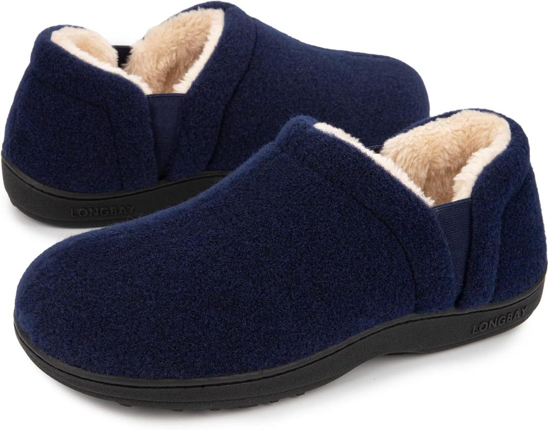 LongBay Men's Slippers Warm Felt Bedroom House Shoes Winter Slip-On Memory Foam Bootie Slippers for Indoor Outdoor (Navy Blue, Size 13-14)