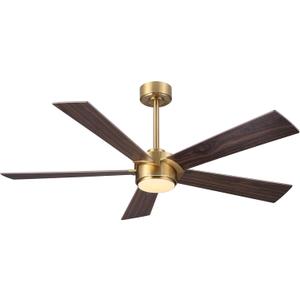 54" Ceiling Fan with Light and Remote Control, Modern Dimmable LED Light, 6-Speed Noiseless Reversible DC Motor, 5 Plywood Ceiling Fan for Kitchen Bedroom Living Room NAB Gold/Walnut (Brown&Gold)