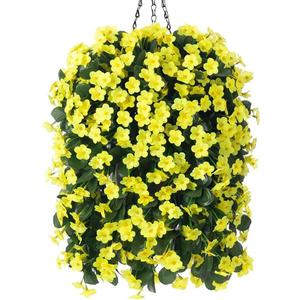 Artificial Fake Hanging Outdoor Flowers Plants Basket, Faux Silk Yellow Orchid Flowers UV Resistant Realistic Hanging Planter for Outside Porch Patio Home Garden Yard Decoration