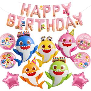 PartyWoo Baby Shark Family Foil Balloons 13pcs Baby Shark Family Pink Round Star Mylar Happy Birthday Banner Letter Balloons for Boys and Girls Under the Sea Kids Birthday Party Decorations