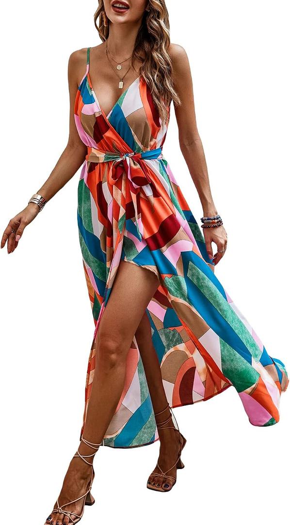 WDIRARA Women's Wrap Front Ruched Hem Sleeveless Spaghetti Straps Belted Colorblock Cami Dress (S)