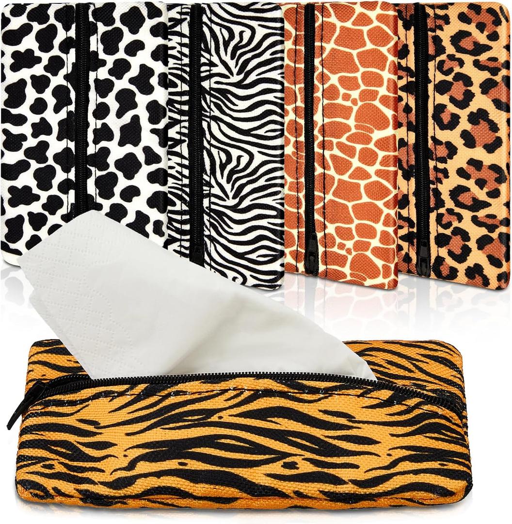 Sherr 5 Pcs Tissues Purse Pocket Holder Reusable Travel Pouch Fabric Zipper Enclosed Small Size Leopard and Zebra Print Pattern Tissue Holder for Purse Coins for Christmas