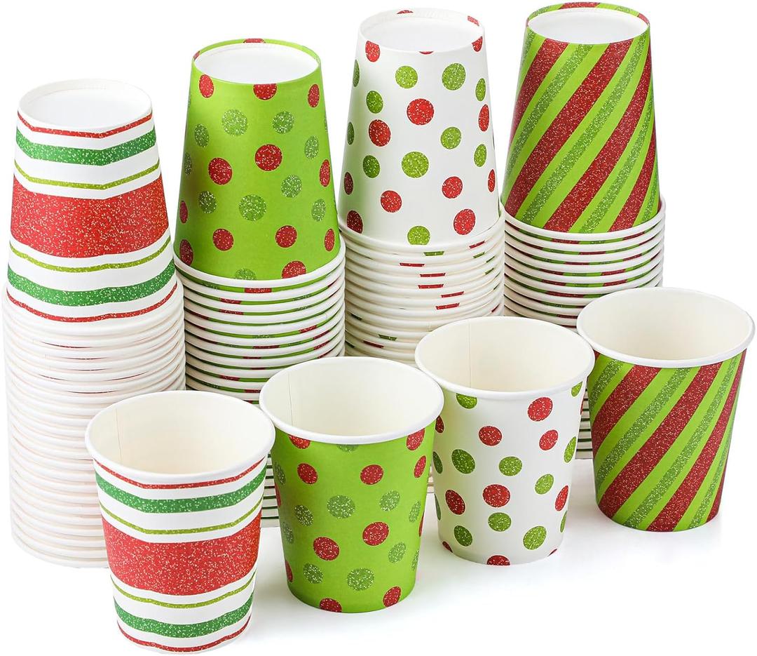 Funtery 100 Pieces Christmas Paper Cups Xmas Disposable Coffee Cups Red and Green Polka Dot Striped Christmas Cup Christmas Cups 9 oz Drinking Tea Paper Cups Christmas Cups for Daily Use Holiday Party