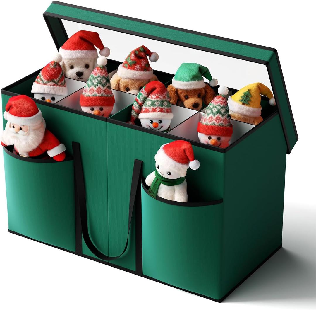 Christmas Figurine Storage Box & Nutcracker Storage Containers with Visible Lid and Cardboard Dividers, Keeps 8 Holiday 15"-Figurine Collectibles, Xmas Decoration Storage Bag, 600D Oxford / Green