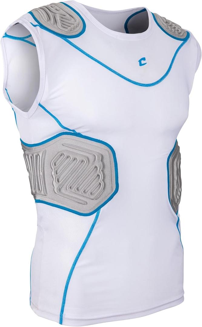 Champro Bull Rush Football Padded Compression Shirt (Medium, White With Optic Blue Trim)