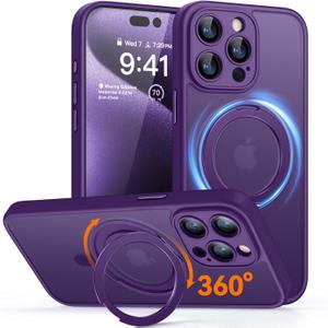 CANSHN 360 Spin Magnetic Stand for iPhone 15 Pro Case [Full Camera Protection] [Compatible with Magsafe] [Translucent Matte] Shockproof Protective Kickstand Phone Cover 6.1" - Deep Purple