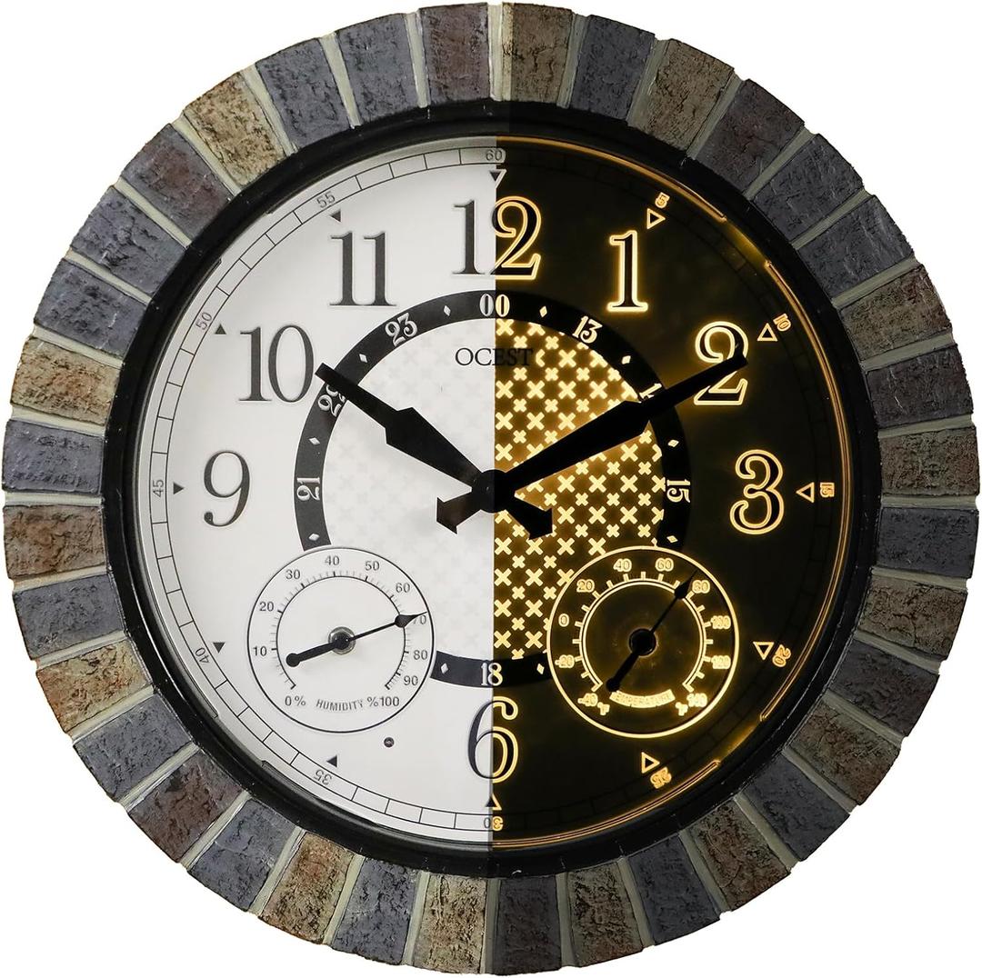 OCEST 18inch Large Indoor Outdoor Clock Illuminated Wall Clock with Thermometer Hygrometer & Night Light Waterproof Battery Operated Silent Non-Ticking Wall Clocks Decor for Patio Pool Porch Bathroom