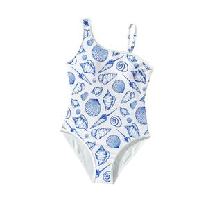 Milumia Girl's One Piece Swimsuits Seashell Print Asymmetrical Neck Bathing Suits Beachwear White 10 Years (Blue)