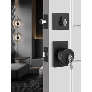 goldenwarm Black Exterior Door Knob with Deadbolt, Square Keyed Alike Matte Black Exterior Door Lock Set with Deadbolt, Heavy Duty Front Entry Door Locksets with Deadbolt(1 Pack)