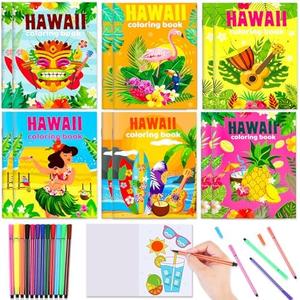 HOWAF 24 Pcs Summer Coloring Book, Hawaiian Luau Mini Coloring Books with Paint Pens for Summer Birthday Goodie Bags Stuffers Hawaii Ocean Hula Party DIY Art Drawing Supplies, Set Of 2