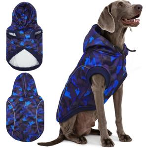 IECOii Camo Dog Hoodie Fleece Lined Dog Sweatshirt Pullover with Leash Hole and Reflective Stripes, Windproof Warm Hoodie for Medium Dogs Girl Boy, Fall Winter Outdoor Pet Hoodies, Blue Camo, XL