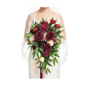 Ling's moment Burgundy Bridal Bouquet Cascading, Marsala Wedding Bouquets for Bride, 13 Inch Bride Bouquets for Wedding Artificial Flowers Bouquets