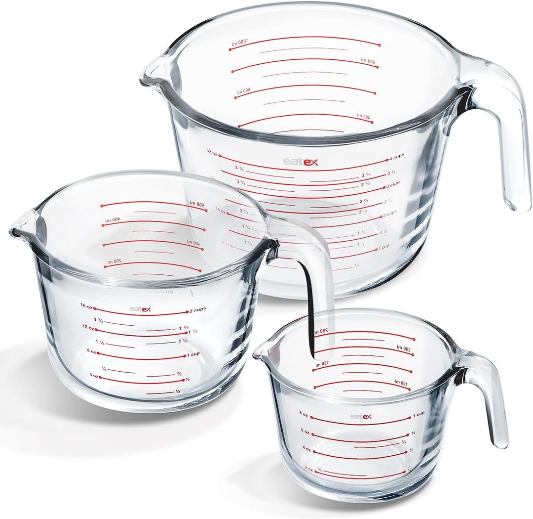 Eatex Glass Measuring Cups Set of 3 - Liquid Measuring Cups, Glass Measuring Cup Set - 1,2,4 Cup Measuring Cup - Dishwasher Oven, Microwave Safe Measure Cups