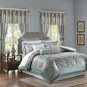 Madison Park 24 Piece Faux Silk Paisley Queen Comforter Set with Matching Curtains, Down Alternative Hypoallergenic - Teal, Queen (90 in x 90 in)
