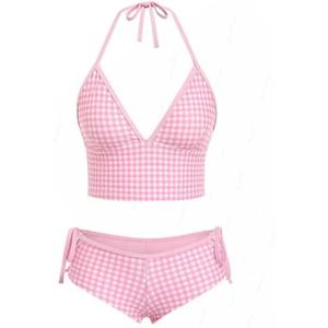 seamoly Women’s Red Gingham Tankini, Two Piece Halter Tank Top with Contrast Trim and Tie Side Boyshorts, Size Small