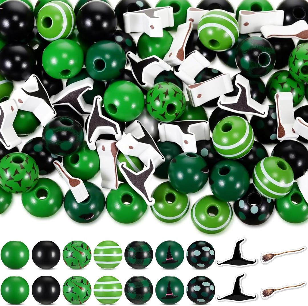 2 x Janinka 100 Pcs Princess and Witch Wooden Beads16mm Large Wooden Beads for Crafts Fairy Wand Crown Hat Broom Spacer Loose Bead with Hole for DIY Crafts Home Party Festival Decoration(Witch)