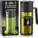 2-IN-1 500ml/17oz Light-Blocking Dark Oil Sprayer for Cooking with Sticker, Dark Green Glass Olive Oil Dispenser Bottle for Kitchen, Even Spray with Portion Control, Perfect for Air Fryer, BBQ - Black
