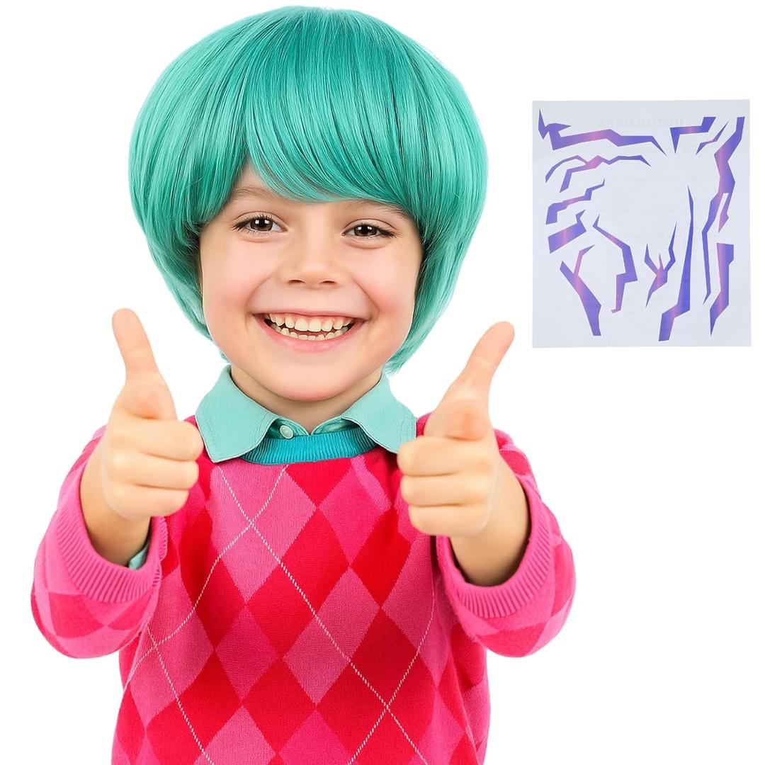 Short Green Synthetic Hair Costume Wig with 2 PCS Tattoos  Natural Looking Cosplay Wigs for Halloween Party, Cosplay Events (Green)