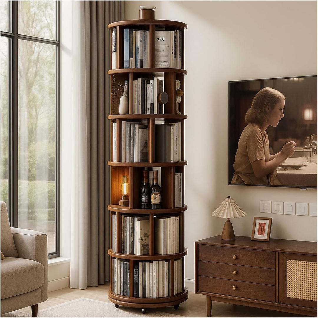 Solid Wood Revolving Bookcase with Wheels, Solid Wood 6-Tier Round Bookshelf, 360 Wooden Rotating Book Tower, Narrow Rolling Vertical Display Storage Rack (Walnut, 6 Tier, 78" H)