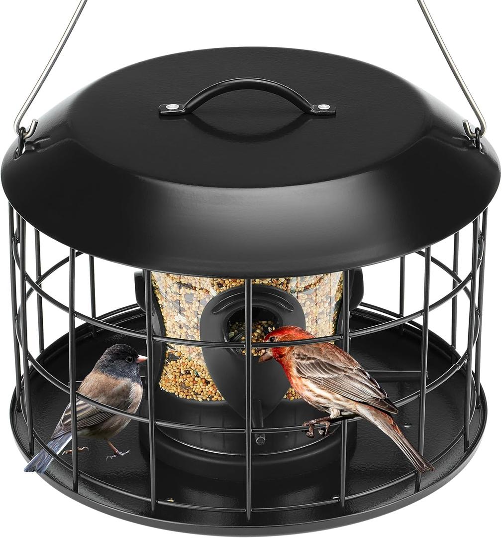Kingsyard Mesh Caged Bird Feeders for Outdoor Hanging, Tube Squirrel Proof Bird Feeders with Tray for Small Birds Finches Bluebird, Rain Proof Covered, 4 Feeding Ports, Black