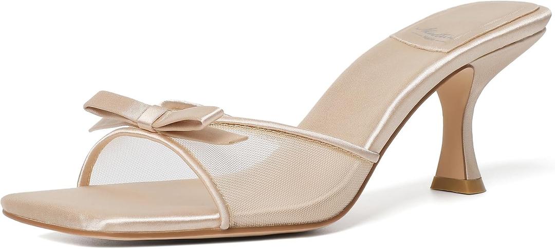 Mostrin Nude Mesh Kitten Heels for Women Open Square Toe Mule Heeled Sandals with Bow Slip On Backless Dress Shoes for Wedding Party Holiday Size 8