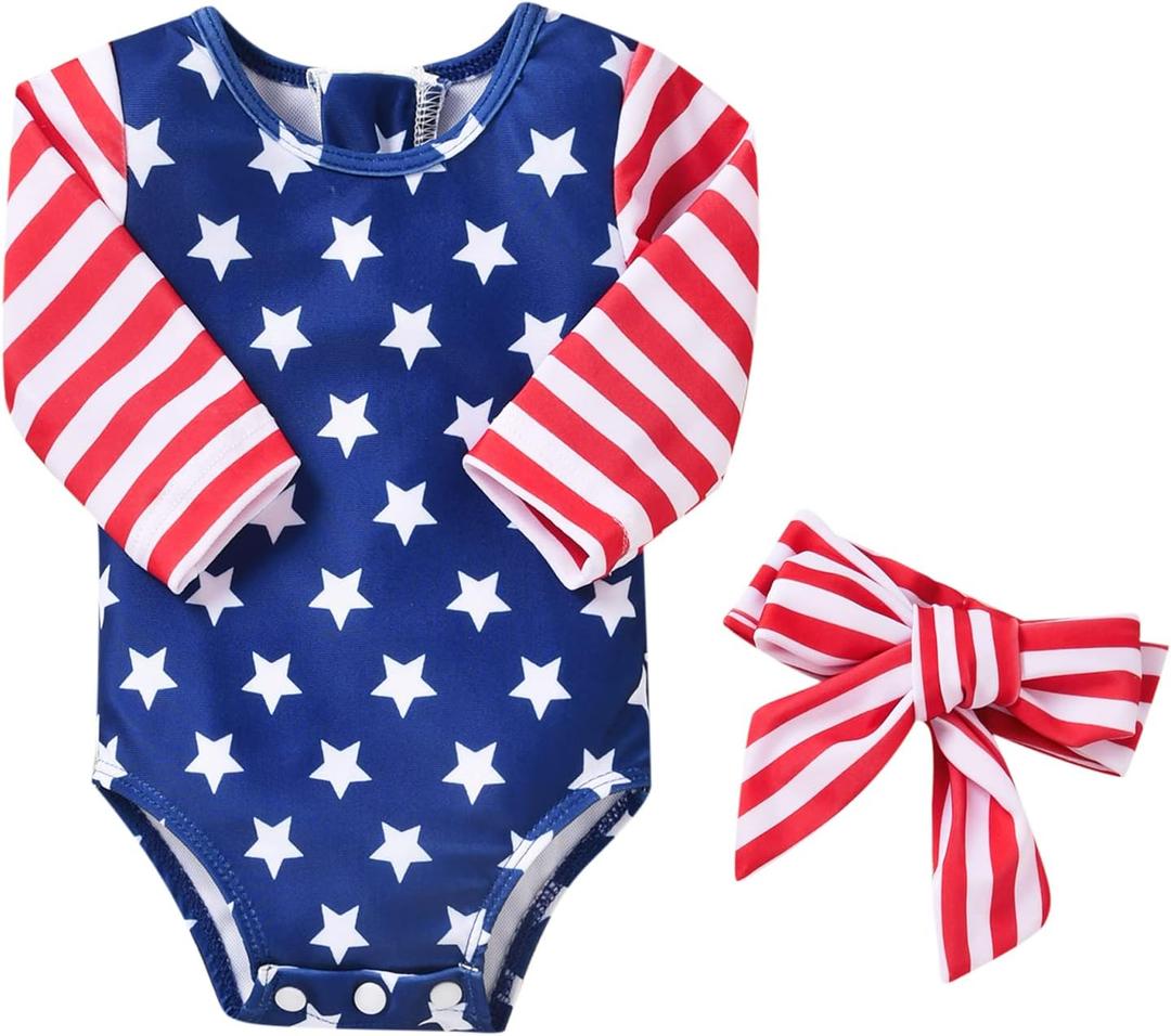 Aalizzwell Baby Girls One Piece Long Sleeve Swimsuit (6-12 Months, American Flag)