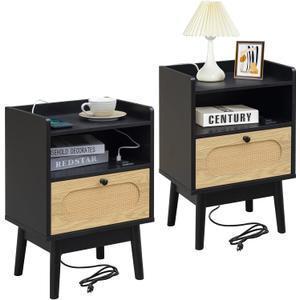Lomojo Rattan Nightstand Set of 2, Bedside Table with Charging Station, Modern Night Stand,Wood Boho Side Table,Mid Century Small End Table with Drawer for Bedroom (black2)