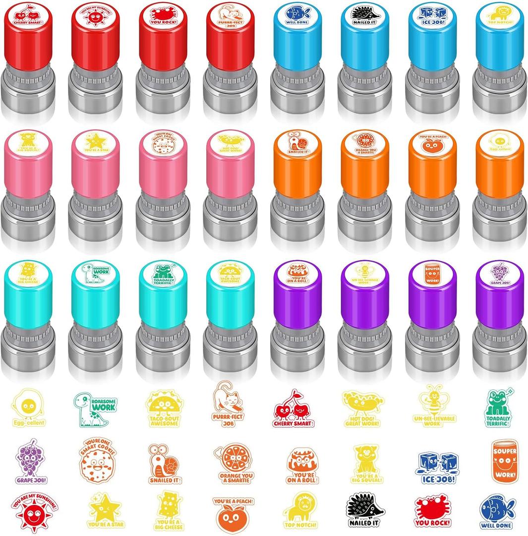 Yinder 24 Pcs Teacher Stamps for Classroom Self Inking School Classroom Stamps Gifts Bulk for Teachers Elementary Colorful Motivational Encouraging Supplies(Cute Animal)