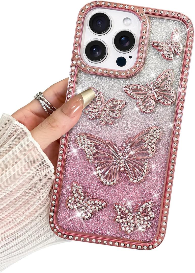 BITOBE Designed for iPhone 16 Pro Max, Cute 3D Butterfly Case Slim Plating Glitter Bling Luxury Rhinestones Cover for Women Girls Protective Camera Protection Bumper 6.9" Pink
