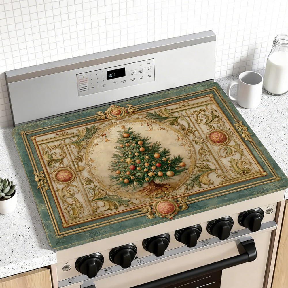Winter Rubber Stove Mat 28.35 x 20.47 Inch Classic Christmas Tree Art Cooktop Surface Cover Vintage Ornamental Counter Protector for Holiday Home Cooking Space Decor (GREEN #03)