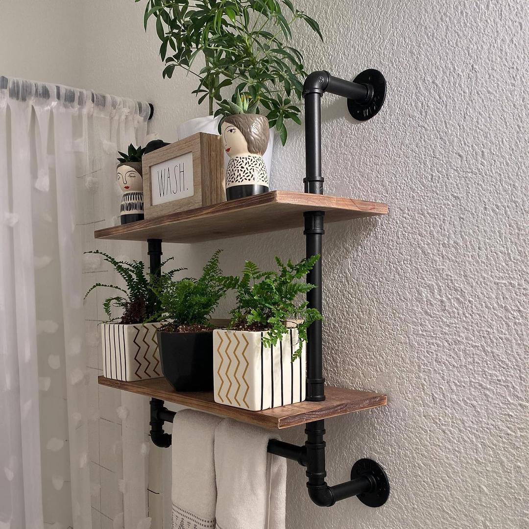 ROGMARS Industrial Pipe Shelving Bathroom Pipe Shelves with Towel Bar Over Toilet, 24 inch Pine Wood Floating Shelves for Wall Mounted Bedroom,Kitchen, Farmhouse, Living Room, 24 Inch 2 Tier