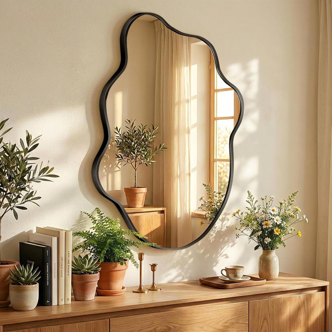 Black Mirror Irregular Wall Mirror, Asymmetrical Mirror, Irregular Bathroom Mirror, Decorative Wall Mirror, Wavy Abstract Mirror for Bedroom, Bathroom & Hallway (24"x36", 1 Pack)