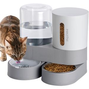 2 Pack Automatic Cat Feeder Stainless Steel Water Dispenser Gravity Food Feeder and Waterer Set with Pet Food Bowl for Small Medium Kitten Puppy Pets Large Capacity(Grey)