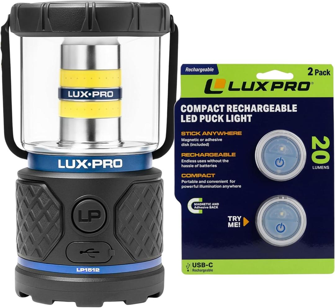 LUXPRO Rechargeable 1100 Lumen LED Lantern + Waterproof Micro LED Rechargeable Puck Lights Bundle  Indoor/Outdoor Emergency & Home Lighting Kit (Lantern + 2-Pack Pucks)