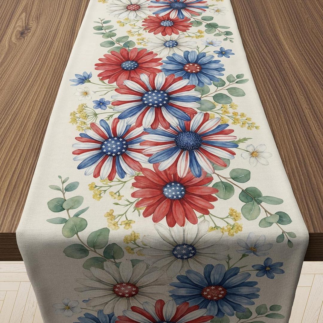 3 x 4th of July Decorations - Patriotic USA Stars Floral Table Runner | Fourth of July Accessories for Memorial Day - 250th Anniversary Decor Party Favors Supplies Indoor Outdoor Home