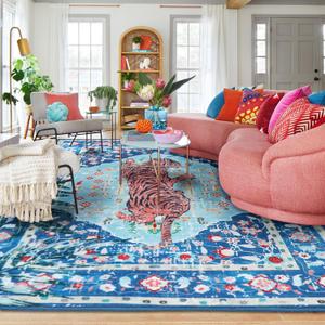 Blue Cheetah Rug 10x8 FT Boho Leopard Vintage Tropical Jungle Animal Rug Aesthetic Rugs for Girls Room Living Room Bedroom Home Office Thin Animal Colorful Funky Carpet