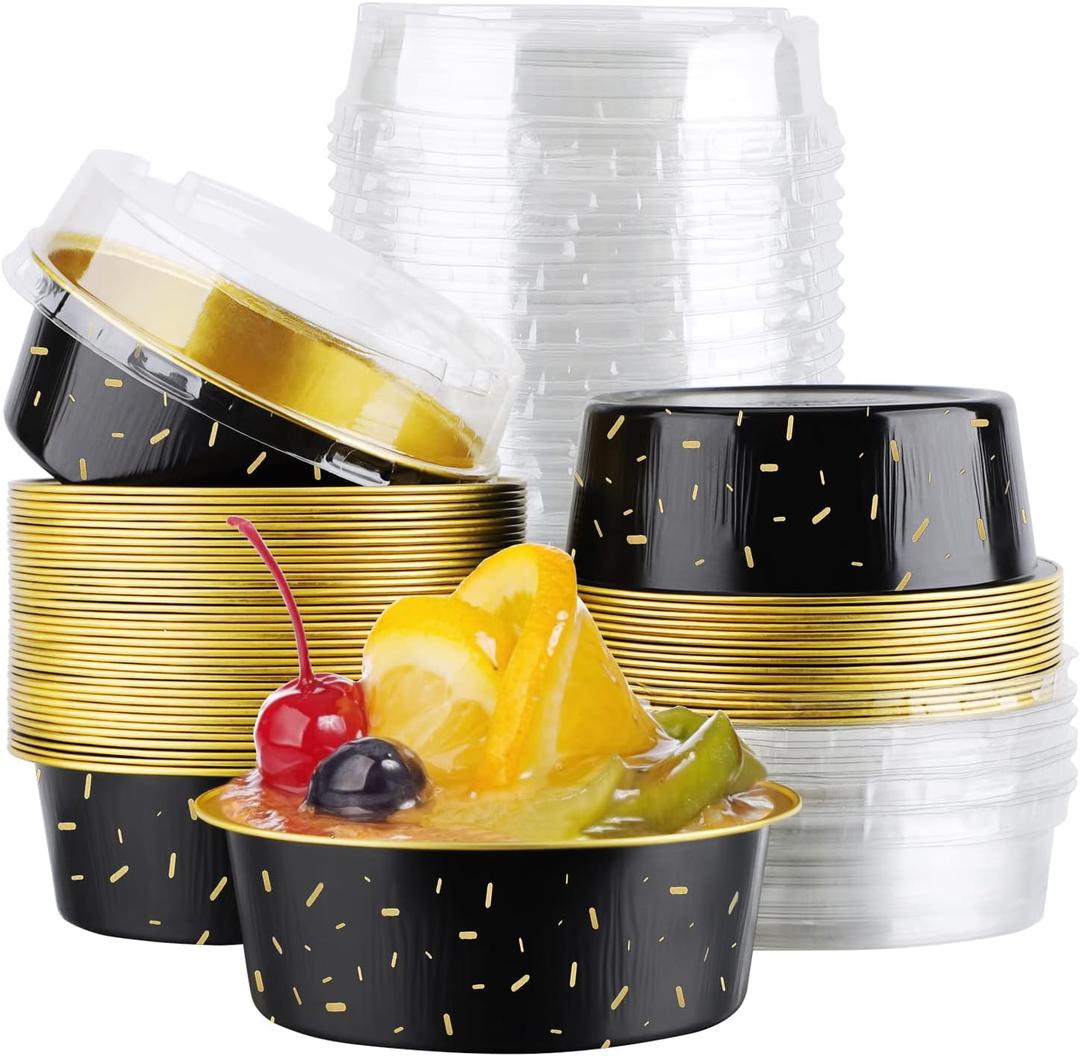 EUSOAR Disposable Ramekins with Lids, 5oz 50pcs Aluminum Foil Baking Cups Tins, 150ml Cupcake Liners for Pie Quiche Soufflé Creme Brulee, Cake Pan Custard Pan for Gathering Dinner Wedding Banquets