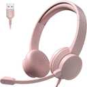 USB Headset with Microphone for PC, Wired Headphones with Mic USB Headset with Noise Cancelling Microphone, Computer Headset with Microphone for Home Office Online Class Teams Skype (Pink)