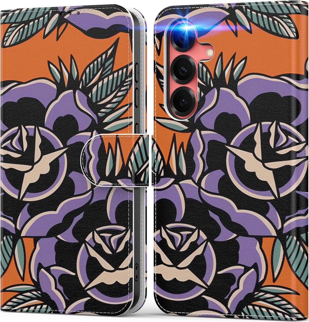 DEENAKIN for Samsung Galaxy S25 Plus Wallet Case with Card Holder + Cash Clip, RFID-Blocking, Military-Grade Protection & UV-Printed Artwork, Magnetic Closure with Kickstand - Abstract Purple Blossoms