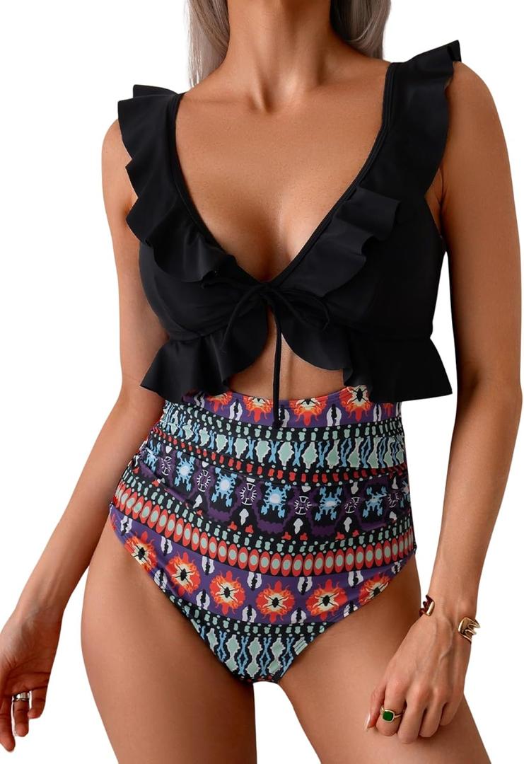 Eomenie One Piece Swimsuit for Women Tummy Control Ruffle Bathing Suit V Neck Ruched Swim Suit Slimming Cutout Swimwear (Medium, Black Print)