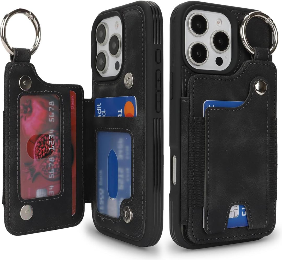 Case for iPhone 16 Pro Phone Case with Keychain Ring Credit Card Holder for Women,for iPhone16 Pro Leather Case Wallet with Kickstand Card Slots Fashionable Case for Men- Black
