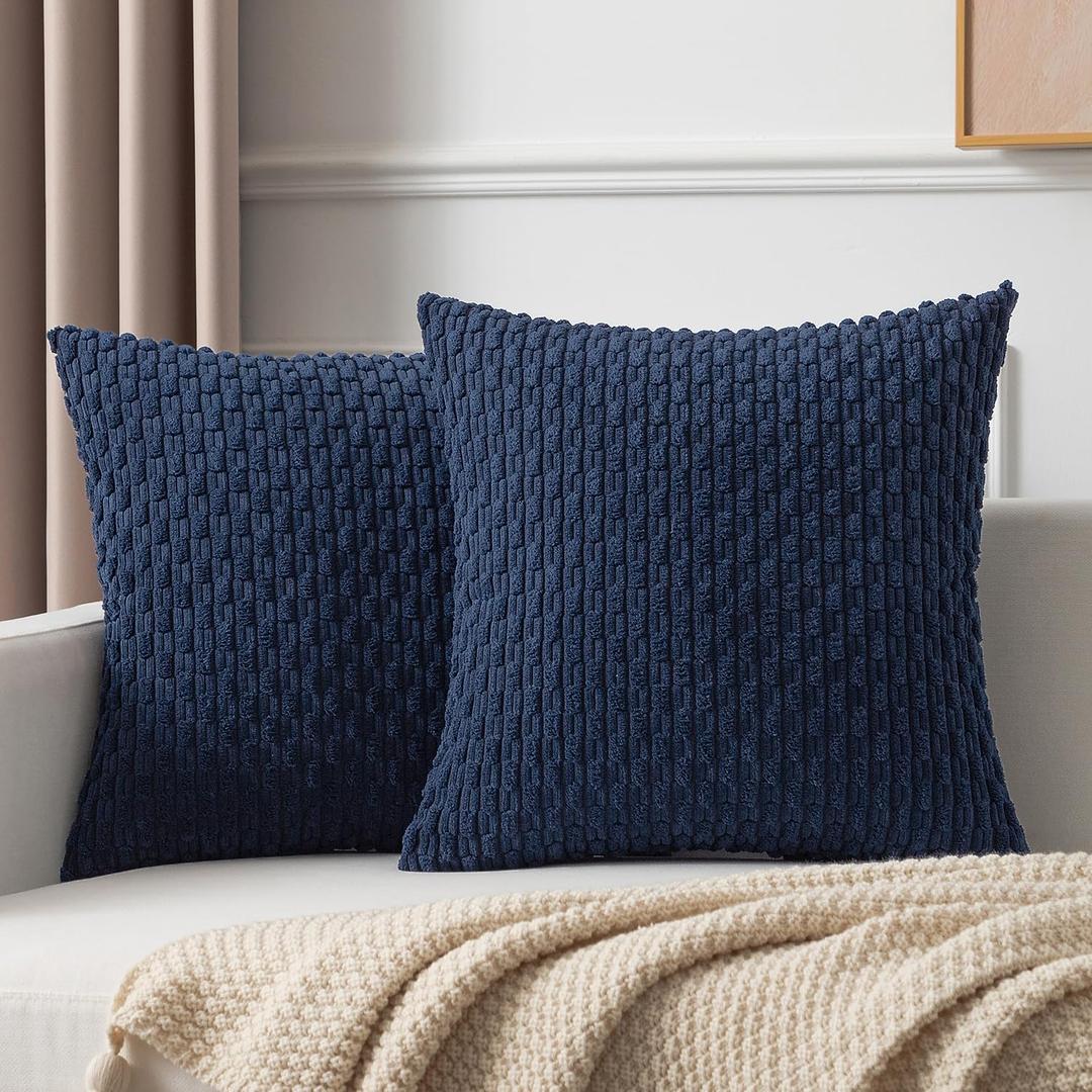 Kevin Textile Pack of 2 Corduroy Decorative Throw Pillow Covers 22x22 Inch Soft Boho Striped Pillow Covers Modern Farmhouse Home Decor for Spring Sofa Living Room Couch Bed Navy Blue