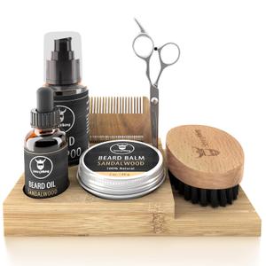 Striking Viking Beard Grooming Kit for Men with Shampoo, Oil, Balm, Brush, Wooden Comb, Mustache Scissors - 7-Piece Sandalwood Caddy for Beard Growth (7 Peice Set)