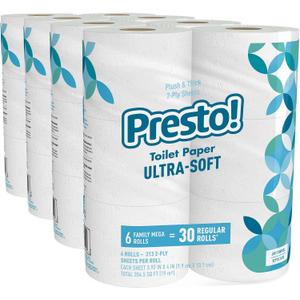 Amazon Brand - Presto! 2-Ply Ultra-Soft Toilet Paper, Septic-Safe, 24 Family Mega Rolls = 120 Regular Rolls, 308 Sheets, Unscented, Pack of 4