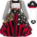 Girls Pirate Costume Buccaneer Princess Dress Up for Kids with Accessories Halloween Cosplay Party Outfit (9-10 Years, Red)