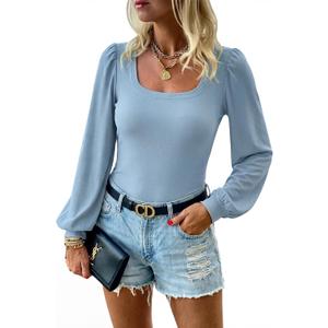 Womens Puff Long Sleeve Tops Square Neck Ribbed Knit Slim Fit Blouse Basic Tee Tops Elegant T Shirts (Blue, S)