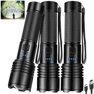 crazybrace Rechargeable Led Flashlights High Lumens 3Pack, 99000 Lumen Super Bright Flash Light with 3 Modes & Adjustable 2 Beam, Brightest Waterproof Flashlight 15H Long Runtime for Hiking Camping (Medium)